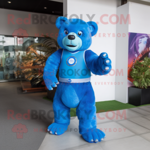 Blue Bear mascot costume character dressed with a Rash Guard and Keychains