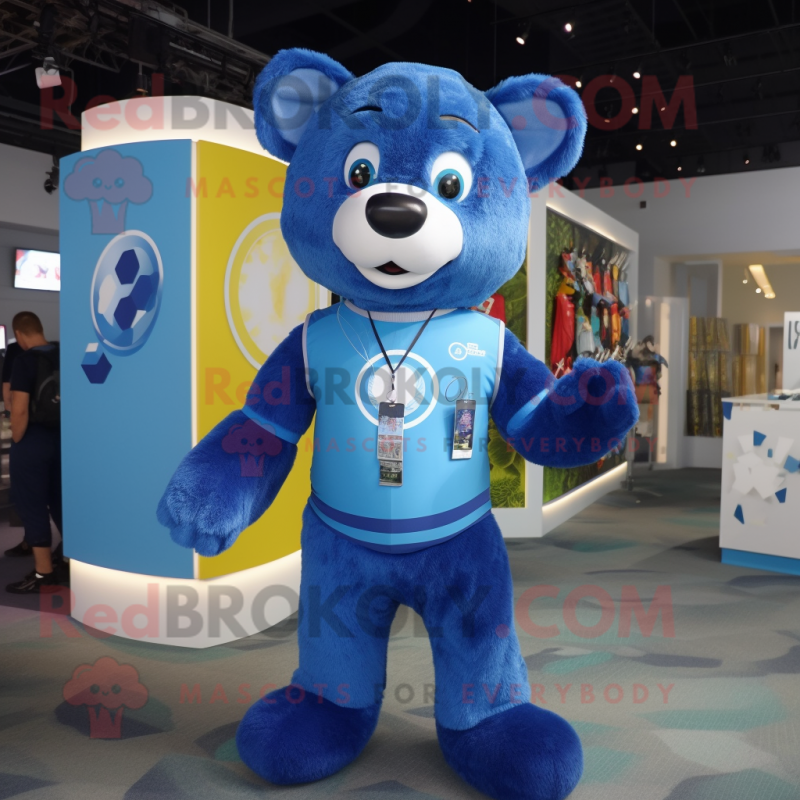 Blue Bear mascot costume character dressed with a Rash Guard and Keychains Blue Bear mascot costume character dressed with a Rash Guard and Keychains