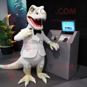 White Tyrannosaurus mascot costume character dressed with a Evening Gown and Wallets