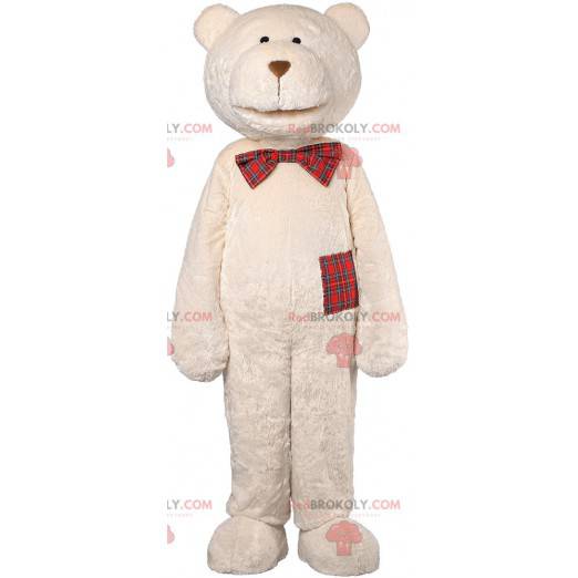 Beige teddybeer mascotte met een geruite vlinderdas -