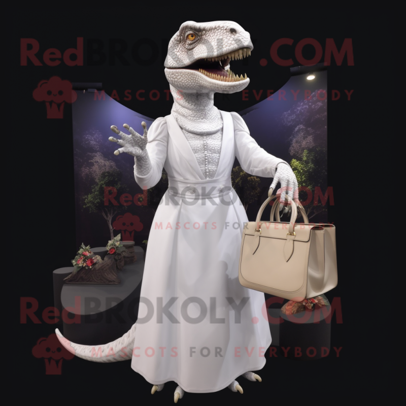 White Tyrannosaurus mascot costume character dressed with a Evening Gown and Wallets