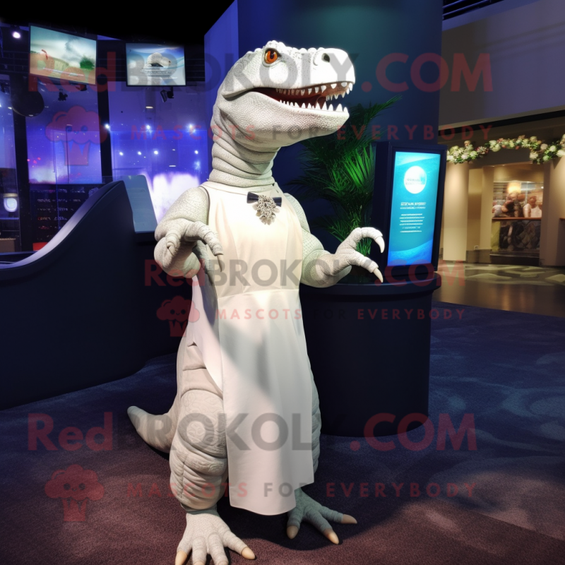White Tyrannosaurus mascot costume character dressed with a Evening Gown and Wallets