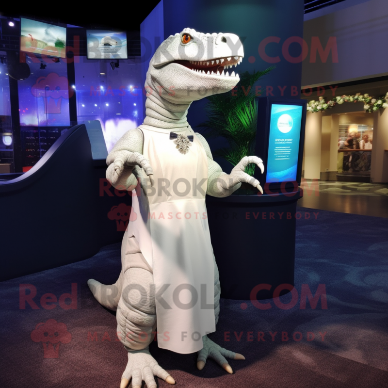 White Tyrannosaurus mascot costume character dressed with a Evening Gown and Wallets White Tyrannosaurus mascot costume character dressed with a Evening Gown and Wallets