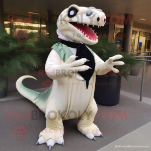 White Tyrannosaurus mascot costume character dressed with a Evening Gown and Wallets