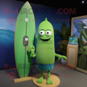 Green Surfboard mascot costume character dressed with a Sweater and Watches