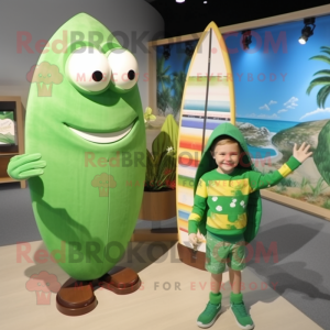 Green Surfboard mascot costume character dressed with a Sweater and Watches