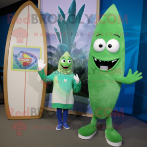 Green Surfboard mascot costume character dressed with a Sweater and Watches