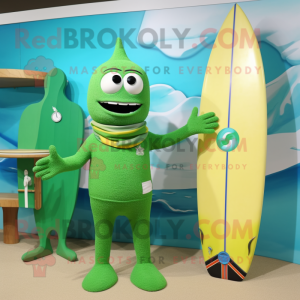 Green Surfboard mascot costume character dressed with a Sweater and Watches