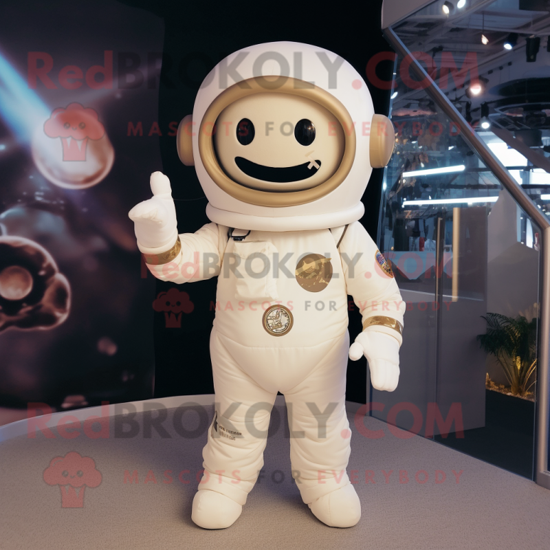 Cream Astronaut mascot costume character dressed with a Bodysuit and Hair clips