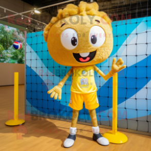 Gold Volleyball Net mascot costume character dressed with a Romper and Hairpins