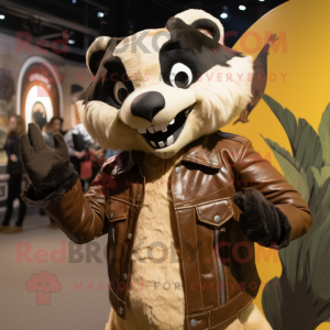 Tan Badger mascot costume character dressed with a Leather Jacket and Wraps