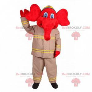 Mascote elefante vermelho com roupa de bombeiro - Redbrokoly.com