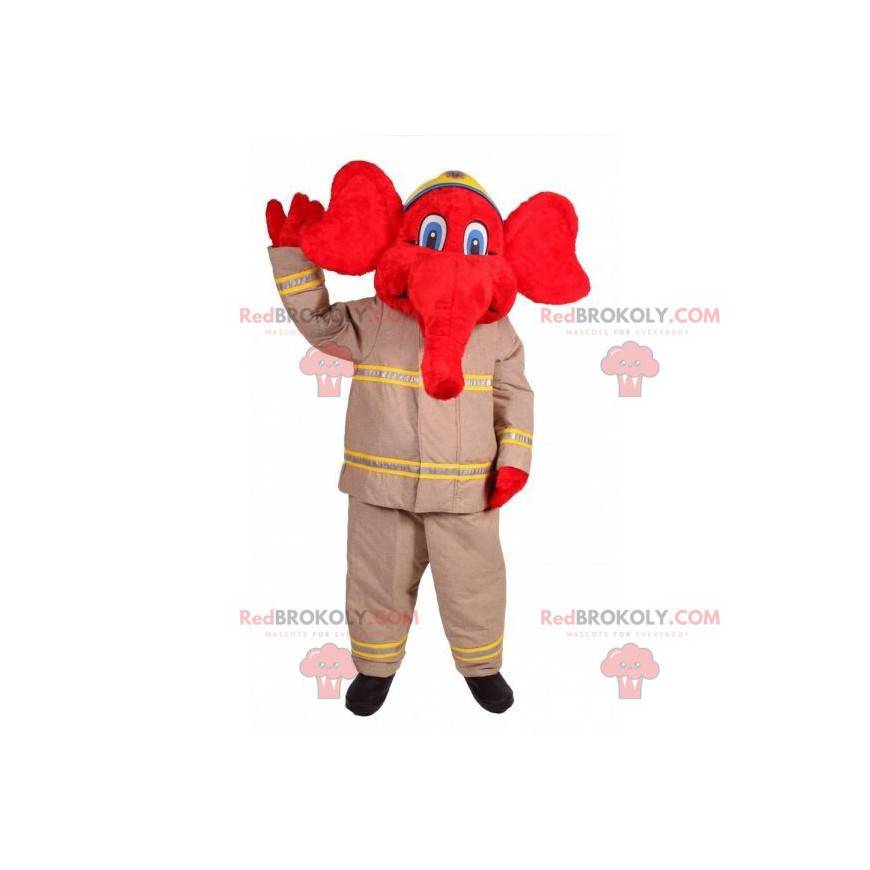 Mascote elefante vermelho com roupa de bombeiro - Redbrokoly.com