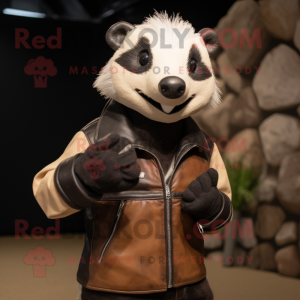 Tan Badger mascot costume character dressed with a Leather Jacket and Wraps