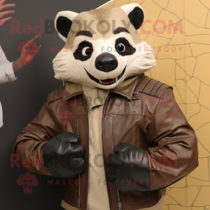 Tan Badger mascot costume character dressed with a Leather Jacket and Wraps