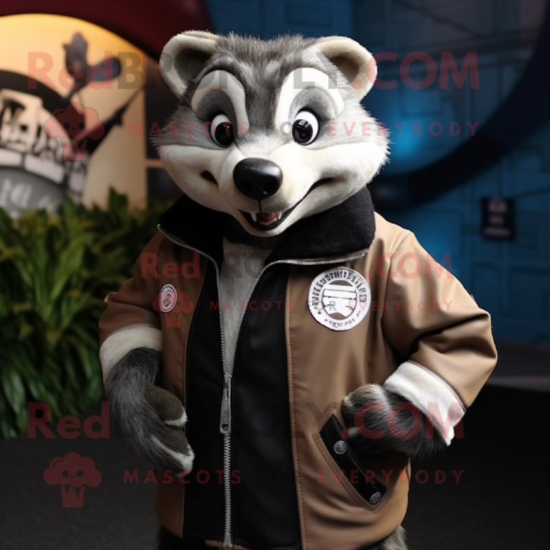 Tan Badger mascot costume character dressed with a Leather Jacket and Wraps