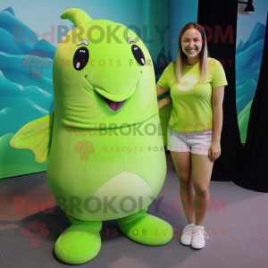 Lime Green Narwhal mascot costume character dressed with a Romper and Belts