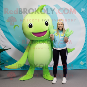 Lime Green Narwhal mascot costume character dressed with a Romper and Belts