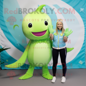 Lime Green Narwhal mascot costume character dressed with a Romper and Belts