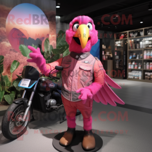 Pink Parrot mascot costume character dressed with a Biker Jacket and Backpacks