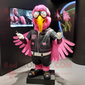 Pink Parrot mascot costume character dressed with a Biker Jacket and Backpacks