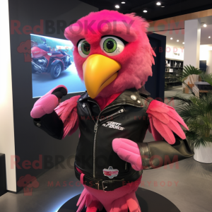 Pink Parrot mascot costume character dressed with a Biker Jacket and Backpacks