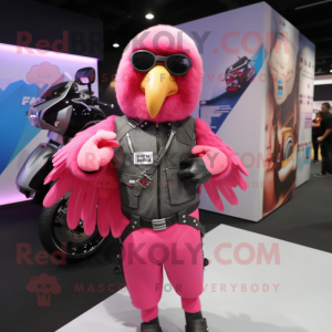 Pink Parrot mascot costume character dressed with a Biker Jacket and Backpacks