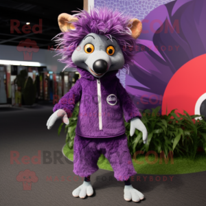 Purple Aye-Aye mascot costume character dressed with a Jumpsuit and Shoe laces