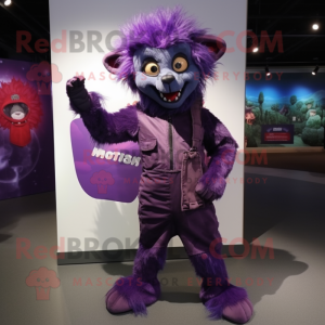 Purple Aye-Aye mascot costume character dressed with a Jumpsuit and Shoe laces