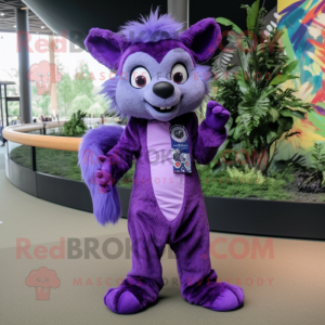 Purple Aye-Aye mascot costume character dressed with a Jumpsuit and Shoe laces