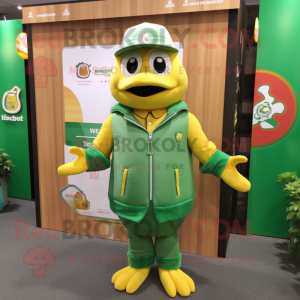 Green Butter Chicken mascot costume character dressed with a Jacket and Caps