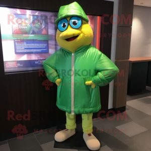 Green Butter Chicken mascot costume character dressed with a Jacket and Caps