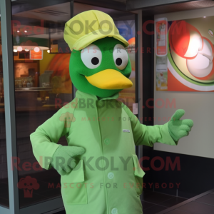 Green Butter Chicken mascot costume character dressed with a Jacket and Caps