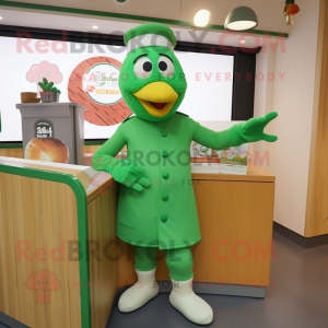 Green Butter Chicken mascot costume character dressed with a Jacket and Caps