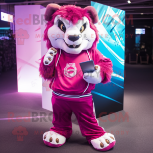 Magenta Saber-Toothed Tiger mascot costume character dressed with a Sweatshirt and Messenger bags