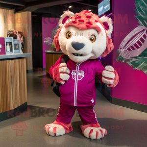 Magenta Saber-Toothed Tiger mascot costume character dressed with a Sweatshirt and Messenger bags