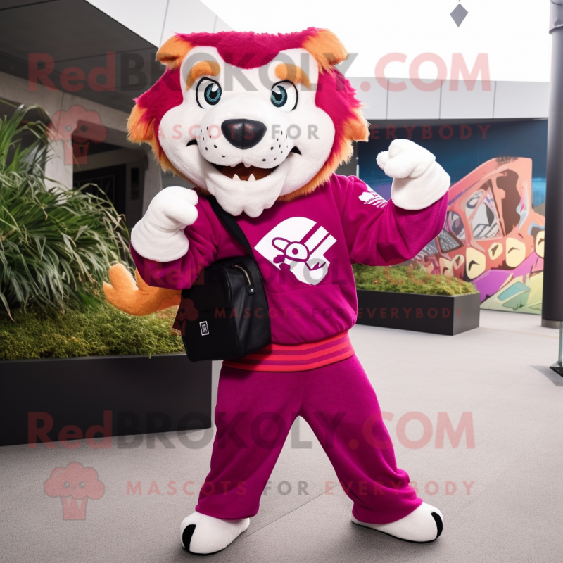 Magenta Saber-Toothed Tiger mascot costume character dressed with a Sweatshirt and Messenger bags