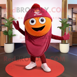 Maroon Grapefruit mascot costume character dressed with a Leggings and Scarves