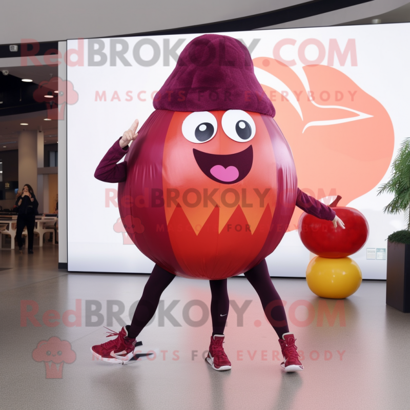 Maroon Grapefruit mascot costume character dressed with a Leggings and Scarves