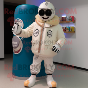 Cream Soda Can mascot costume character dressed with a Bomber Jacket and Digital watches