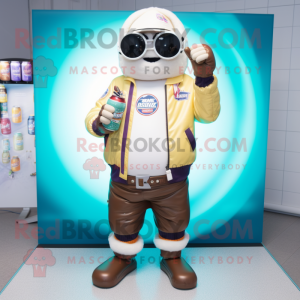 Cream Soda Can mascot costume character dressed with a Bomber Jacket and Digital watches