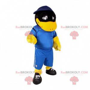 Mascote pássaro pato preto e amarelo em roupas esportivas -