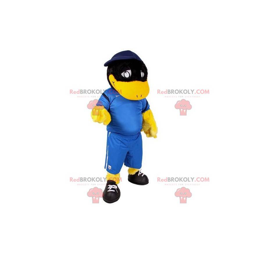 Mascote pássaro pato preto e amarelo em roupas esportivas -