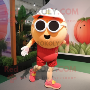 Peach Spaghetti mascot costume character dressed with a Running Shorts and Sunglasses
