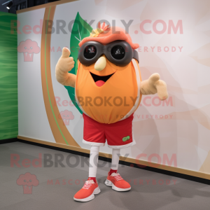 Peach Spaghetti mascot costume character dressed with a Running Shorts and Sunglasses