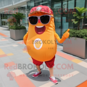 Peach Spaghetti mascot costume character dressed with a Running Shorts and Sunglasses