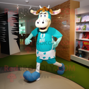 Cyan Guernsey Cow mascot costume character dressed with a Running Shorts and Hairpins