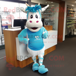 Cyan Guernsey Cow mascot costume character dressed with a Running Shorts and Hairpins