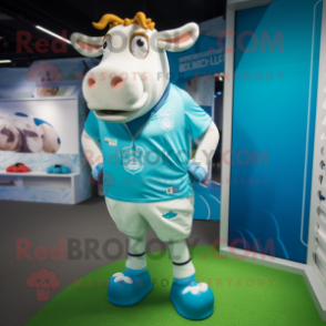 Cyan Guernsey Cow mascot costume character dressed with a Running Shorts and Hairpins