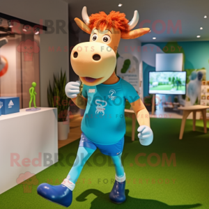 Cyan Guernsey Cow mascot costume character dressed with a Running Shorts and Hairpins